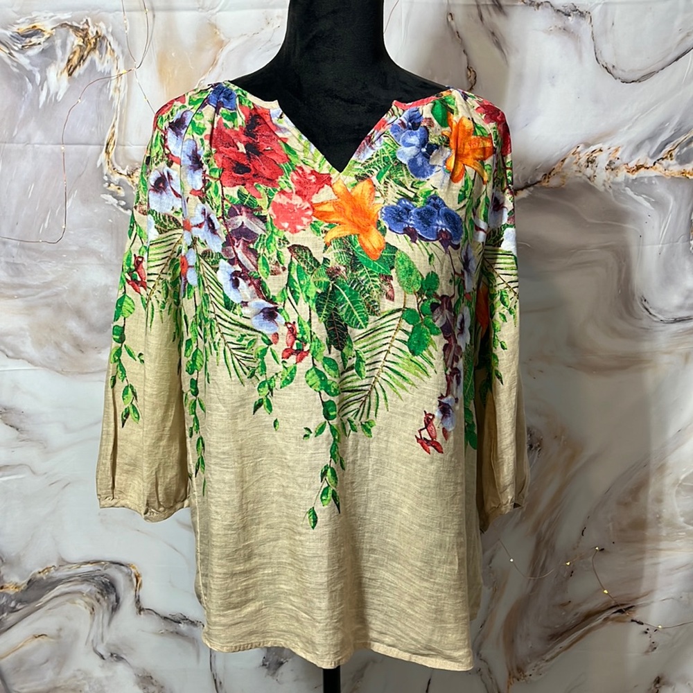 Chicos Linen Tan Tropical Floral 3/4 Length Shirt Size 1P